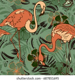 Flamingo tropical birds vector seamless pattern.