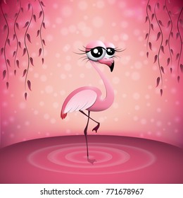 Flamingo - tropical cartoon bird with big eyes on the pink background. Vector. EPS 10.