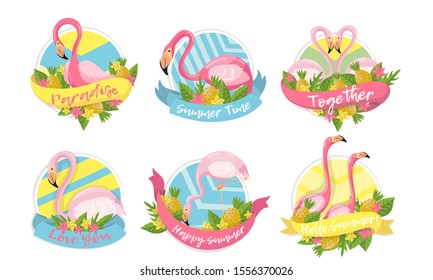 Flamingo and Tropical Flora Vector Compositions Set