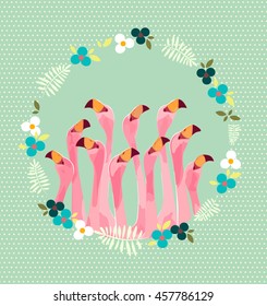 Flamingo with Tropical Flowers Background 