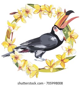 Flamingo with tropical flowers. Element for design of invitations, movie posters, fabrics and other objects. Isolated on white. Vector EPS 10