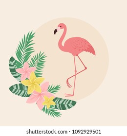 Flamingo with tropical flowers and leaves. Vector art