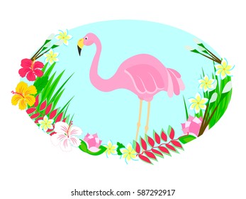 Flamingo and tropical flowers Vector illustration