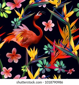 Flamingo and tropical flowers,seamless pattern on dark.Vector EPS 10