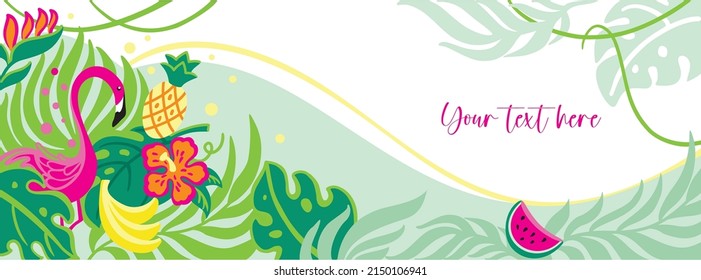 Flamingo  in tropical forest. Floral banner. Summer banner. Mockup. Vector illustration.