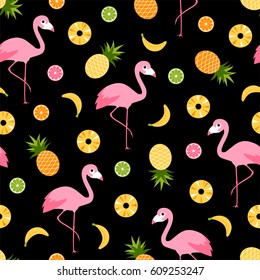 Flamingo and tropical fruits seamless pattern background
