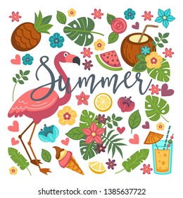 Flamingo and tropical fruits summer symbols food and drink vector exotic bird pineapple and coconut cocktail watermelon and orange ice cream and juice jungle or rainforest plants vacation or holidays