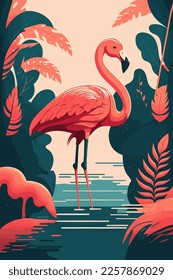 Flamingo in tropical jungle. Vector illustration in flat color cartoon style travel poster