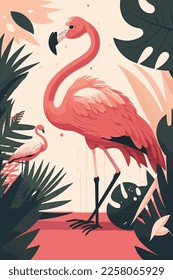 Flamingo in tropical jungle. Vector illustration in flat style. flat color cartoon style bird poster