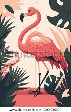 Flamingo in tropical jungle. Vector illustration in flat style. flat color cartoon style bird poster