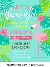 Flamingo and tropical leaf illustration for party invitation card template