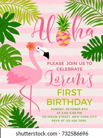Flamingo and tropical leaf illustration for party invitation card template