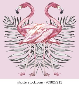 Flamingo and tropical leaf watercolor illustration. Element for design of invitations, movie posters, fabrics and other objects. Pink background. Vector EPS 10