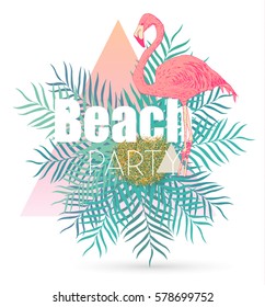 Flamingo and Tropical Leaves Background. Summer Design. Vector. T-shirt Fashion Graphic.