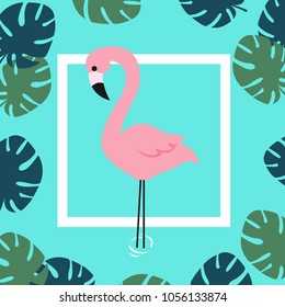 Flamingo and Tropical Leaves Background. Vector illustration