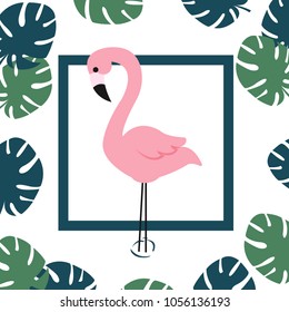 Flamingo and Tropical Leaves Background. Vector illustration