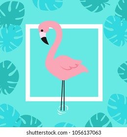 Flamingo and Tropical Leaves Background. Vector illustration