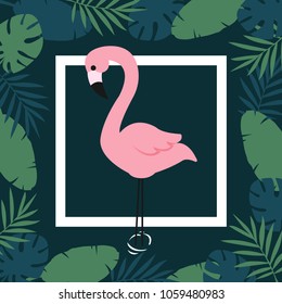 Flamingo and Tropical Leaves Background. Vector illustration