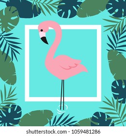 Flamingo and Tropical Leaves Background. Vector illustration