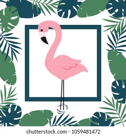 Flamingo and Tropical Leaves Background. Vector illustration
