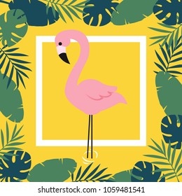 Flamingo and Tropical Leaves Background. Vector illustration