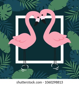 Flamingo and Tropical Leaves Background. Vector illustration
