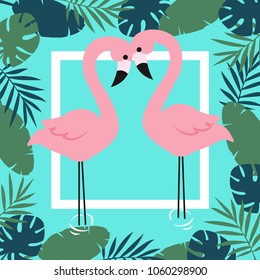 Flamingo and Tropical Leaves Background. Vector illustration