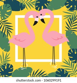 Flamingo and Tropical Leaves Background. Vector illustration