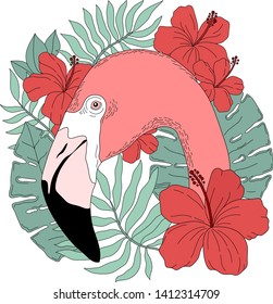 Flamingo in tropical leaves and flowers print on white background. Exotic flamingo illustration. Vector illustration.