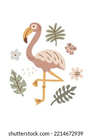 Flamingo, tropical leaves, flowers. Vector illustration of cute safari animal.