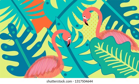 Flamingo, tropical leaves, hand drawn vector watercolor illustration. Flamingo for textile design. jungle background. Palm tree pattern. Monstera, banana. Background flamingo nature. Green leaves.