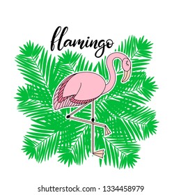 Flamingo with tropical leaves lettering vector illustration in pink colors. Template for summer sale banner, party invitation card, poster, feminine print with exotic bird and palm tree leaf. EPS10