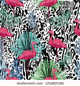 flamingo and tropical leaves on black leopard spots, seamless vector pattern