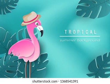 Flamingo and tropical leaves poster on wave background, seasonal holiday, floral design, flyer, invitation, greeting card, paper cut style vector template