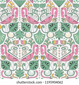 Flamingo and tropical leaves seamless pattern