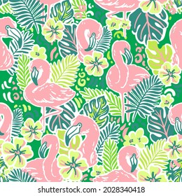 Flamingo in the tropical leaves. Seamless vector pattern with hand drawn illustrations with green jungle there