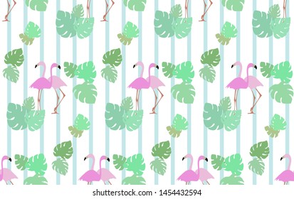 flamingo tropical leaves stripe seamless texture flat illustration background pattern