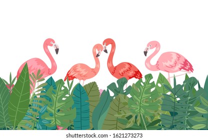 Flamingo in tropical paradise banner horizontal border frame template, vector illustration. Decorated with jungle palm tree monstera green leaves and pink flamingo birds. Text placeholder.