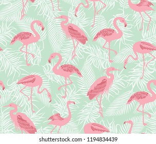 flamingo with  tropical pattern on background