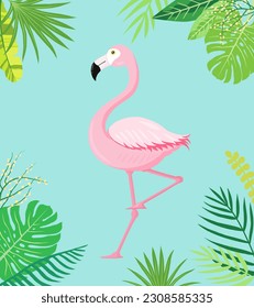 Flamingo and tropical plants illustration