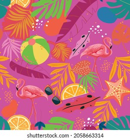 Flamingo Tropical Seamless pattern Hawaii summer design 