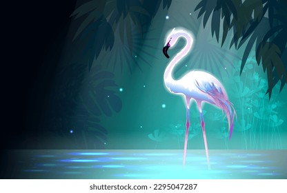 Flamingo. Tropen. Mondlicht. Vektorgrafik.