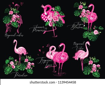 Flamingo t-shirt design. Love tropical vibes, paradise flowers, birds princess. Watercolor vector composition. Wild nature decoration on black background. Pink and green hand drawn illustration.