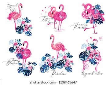 Flamingo t-shirt design. Love tropical vibes, paradise flowers, birds princess. Watercolor vector composition. Wild nature decoration on white background. Colorful hand drawn illustration.