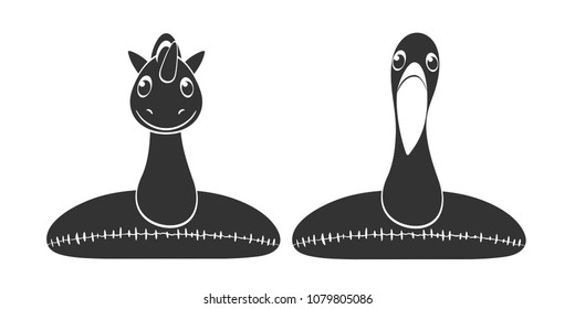 Flamingo and Unicorn inflatable beach or pool floats - black silhouette on transparent background