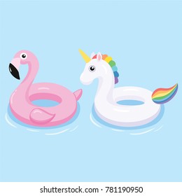 Flamingo and unicorn inflatable pool float. Vector illustration.