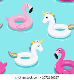 Flamingo And Unicorn Inflatable Pool Floats Pattern. Vector Texture.