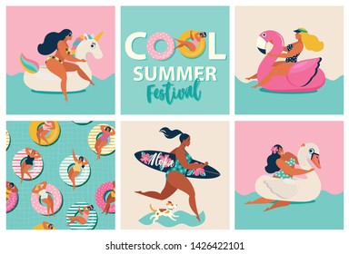 Flamingo, unicorn and swan inflatable swimming pool floats. Cartoon set of summer time with girls, pool floats, dog, an surfboard isolated on waves background.