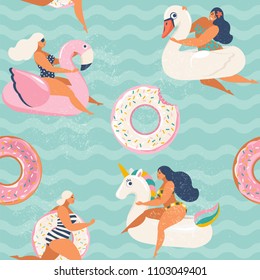 Flamingo, Unicorn, Swan And Sweet Donut Inflatable Swimming Pool Floats. Vector Seamless Pattern.