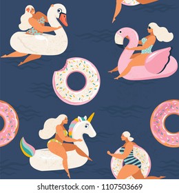 Flamingo, unicorn, swan and sweet donut inflatable swimming pool floats. Vector seamless pattern.